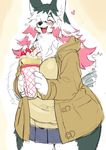  &lt;3 anthro big_breasts big_thighs blush breasts canine chest_tuft clothed clothing coat crepe eyes_closed female food fruit fur grey_fur hair kemono kishibe mammal multicolored_hair overweight skirt smile solo strawberry sweater tuft white_fur wolf 