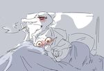  2017 :3 after_sex alligator anthro bea_(nitw) bed blush breast_grab breasts cat cigarette crocodilian cuddling duo feline female female/female greyscale hand_on_breast hi_res lying mae_(nitw) mammal monochrome navel night_in_the_woods nipples nobby_(artist) on_bed on_side reclining red_eyes reptile scalie smoking spot_color sweat 