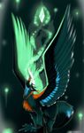  askrfur avian blue_feathers energy feathers fur glowing grey_feathers magic orange_feathers solo spread_wings surge_floof wings 