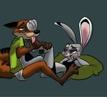  3_toes 4_fingers blush canine claws clothed clothing disney feet female foot_fetish fox green_eyes judy_hopps kabuki_homewood lagomorph male male/female mammal nick_wilde pillow purple_eyes rabbit smile toe_claws toes tongue tongue_out underwear zootopia 
