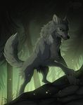  2018 ambiguous_gender black_nose canine claws detailed_background digital_media_(artwork) feral fur green_eyes grey_fur hioshiru looking_at_viewer mammal paws rock smile solo tsume wolf wolf&#039;s_rain 
