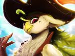  2017 anthro avian beak bird blurred_background bust_portrait captain_celaeno_(mlp) close-up clothing cloud ear_piercing eyebrows eyelashes eyeshadow feathers female green_feathers green_hair hair hat hi_res looking_at_viewer makeup mole_(marking) moondreamer16 my_little_pony my_little_pony_the_movie parrot piercing pirate_hat portrait purple_eyes sky smile solo white_feathers 