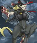  2018 anthro areola bayonetta bayonetta_(character) black_hair blue_eyes breasts bulge cleavage clothed clothing cloud cosplay dickgirl dragon eyewear full_moon fully_clothed glasses gun hair handgun hi_res holding_object holding_weapon intersex long_hair moon night one_eye_closed pistol ranged_weapon solo video_games weapon wink xpray xpray_(character) 