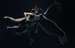  anthro black_hair blackpassion777 bubble dark_theme duo eyes_closed feathered_wings feathers feline grey_body hair hi_res human humanoid_hands kissing leg_grab male male/male mammal nude red_hair shoulder_grab side_view spread_wings swimming tail_feathers tail_tuft tuft underwater water wings 