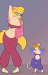  anthro belly_dancing blonde_hair blue_eyes breasts callie_briggs cat chip_&#039;n_dale_rescue_rangers disney duo feline female gadget_hackwrench green_eyes hair harem_outfit mammal mouse navel paoguu rodent size_difference swat_kats 