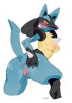  anthro anus areola bebebebebe big_breasts black_fur blue_fur blush breasts canine female fur looking_at_viewer lucario mammal nintendo nipples pok&eacute;mon pok&eacute;mon_(species) presenting pussy pussy_juice red_eyes simple_background solo video_games yellow_fur 