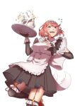  absurdres alternate_costume apron bangs black_dress black_gloves blush breasts cowboy_shot cup dress enmaided fingerless_gloves flying_sweatdrops garter_straps gloves highres holding holding_tray large_breasts maid maid_apron pyra_(xenoblade) red_eyes red_hair short_hair simple_background swept_bangs teacup teapot thighhighs tray underbust white_background xenoblade_chronicles_(series) xenoblade_chronicles_2 yuda_nf zettai_ryouiki 