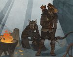  ambiguous_gender anthro argonian armor arrow bag black_scales blackpassion777 boots bow_(weapon) bracers brazier brown_feathers brown_scales clothed clothing coin detailed_background duo face_spikes feathers feline fire footwear fully_clothed fur gloves gold_(metal) gold_coin grey_fur holding_object holding_weapon horn humanoid_hands khajiit kneeling leather male mammal mushroom pants quiver ranged_weapon rope_bridge scales scalie scar skyrim standing stone sunbeam tan_markings the_elder_scrolls tunic underground video_games weapon yellow_sclera 