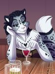  &lt;3 2018 adira_(twokinds) alcohol anthro arm_support bedroom_eyes beer beverage black_hair blue_eyes breasts chest_tuft cleavage clothed clothing corset feline female fluffy fluffy_tail fur glass grey_fur hair half-closed_eyes heresy_(artist) hi_res keidran leaning leaning_on_elbow leopard leopard_spots lingerie looking_at_viewer mammal pink_nose seductive simple_background snow_leopard solo spots spotted_fur stripes table tuft twokinds white_background wine 