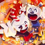  2018 animate_inanimate atatochirio blue_nose brothers clothing cup cuphead_(character) cuphead_(game) duo fire footwear gloves humanoid male milk mugman not_furry object_head one_eye_closed open_mouth red_nose shirt shoes shorts sibling signature silver_skin smile straw tongue toony video_games wink 
