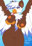  anthro avian beak bearbox_doodletimes big_breasts big_brests breasts feathered_wings feathers female fur gryphon holding_breast licking nude solo tongue tongue_out wings 