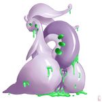  anus big_butt butt female goodra green_eyes huge_butt looking_back lopland nintendo pok&eacute;mon pok&eacute;mon_(species) puffy_anus purple_body pussy rear_view simple_background sitting solo video_games white_background 
