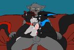  5_fingers anthro balls bisexual black_fur blue_fur blue_nipples blush breasts cat collaborative_titfuck collar crazymew cum cum_in_mouth cum_inside cum_on_breasts cum_on_face cum_on_hand cum_on_penis double_titfuck eevee erection feline female female/female fur green_eyes grey_fur kissing looking_pleasured male male/female mammal mew_(crazymew) multicolored_fur nintendo nipples on_couch penis pok&eacute;mon pok&eacute;mon_(species) red_fur red_nipples sex sitting sofa titfuck two_tone_fur velvet_(vtechgamez88) video_games white_fur 