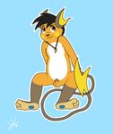  2018 3_toes balls black_hair blue_background bluizer buiz_the_raichu fan_character feet fur grey_eyes hair hi_res male mammal nintendo orange_balls orange_fur pok&eacute;mon pok&eacute;mon_(species) raichu rat rodent signature simple_background smile solo spread_legs spreading tip toes video_games 