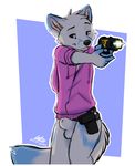  5_fingers animal_genitalia anthro arctic_fox balls bottomless canine clothed clothing fox hoodie leto_(letodoesart) letodoesart male mammal sheath solo taser 