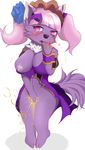  anthro better_version_at_source blush breasts canine clothed clothing dog female fur hair looking_at_viewer mammal omorashi open_mouth peeing purple_fur simple_background solo text urine watersports wetting まぐとぅーな_(artist) 