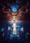  ambiguous_gender arthropod blue_eyes brown_fur butterfly canine cloud detailed_background flower fox fur insect jojoesart looking_at_viewer mammal night orange_fur outside plant reflection skull sky solo star starry_sky surreal 
