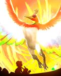  baseball_cap beak bird cosmo_(465lilia) feathers flying gen_1_pokemon gen_2_pokemon glowing hat highres ho-oh looking_up pikachu pokemon pokemon_(anime) pokemon_(creature) realistic satoshi_(pokemon) silhouette 