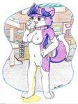  2018 alternate_species anthro border_collie breasts canine collar collie cutie_mark dog drinking equine female fluffy fluffy_tail friendship_is_magic fur gal hair horn mall mammal multicolored_hair my_little_pony nipples nude nudist peeing public public_nudity public_place purple_eyes purple_fur silversimba01 solo traditional_media_(artwork) twilight_sparkle_(mlp) unicorn urine watersports white_fur 