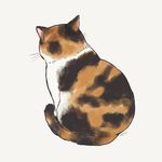  ayu_(mog) calico cat cat_focus facing_away from_behind full_body grey_background no_humans original signature sitting solo whiskers 