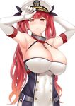  anchor_symbol armpits arms_up azur_lane bangs bare_shoulders between_breasts blunt_bangs blush breasts buttons chain cleavage commentary_request dress elbow_gloves eyebrows_visible_through_hair gloves hair_ribbon hat honolulu_(azur_lane) huge_breasts long_hair looking_at_viewer peaked_cap red_eyes red_hair ribbon sama_samasa simple_background solo twintails wavy_hair white_background white_gloves white_hat 