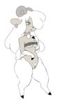  2017 absurd_res anthro beige_pussy bell_collar biped black_hooves black_nose bottomless breast_squish breasts caprine clothed clothing collar curved_horn digital_drawing_(artwork) digital_media_(artwork) digitigrade duct_tape ear_tag eyelashes female fluffy frown full-length_portrait fur gloves_(marking) grey_eyes grey_horn grey_nipples greyscale hair heart_nose hi_res hooved_fingers hooves horizontal_pupils ineffective_clothing long_hair mammal markings medium_breasts monochrome nipple_slip nipple_tape nipples pasties portrait pseudo_clothing pubes pussy satyr scribs03 sheep short_tail simple_background small_waist solo standing tan_skin tape thick_bottom_lip white_background white_fur white_hair white_tail wide_hips 