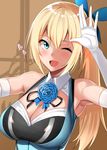  ;d amano_don armpits bare_shoulders blonde_hair blue_eyes blue_flower blue_rose blush breasts center_opening cleavage elbow_gloves eyebrows_visible_through_hair flower gloves half-closed_eyes heart highres large_breasts long_hair looking_at_viewer mirai_akari mirai_akari_project one_eye_closed open_mouth rose side_ponytail smile solo upper_body virtual_youtuber white_gloves 