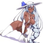  all_fours areolae blush braid breasts collar dark_skin elbow_gloves gloves hat large_breasts long_hair original silver_hair slingshot_swimsuit solo swimsuit tanaka_ginji thighhighs yellow_eyes 