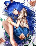  bangle bangs bare_legs barefoot blue_bow blue_eyes blue_hair blue_skirt bow bracelet debt fetal_position hair_bow hood hoodie houdukixx jewelry long_hair looking_at_viewer miniskirt petals plantar_flexion short_sleeves skirt solo touhou white_background yorigami_shion 