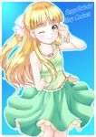  ;) bag bangs bare_arms bare_shoulders blonde_hair blue_background blunt_bangs blush bow bracelet chain character_name closed_mouth commentary_request eyebrows_visible_through_hair fingernails green_eyes green_shirt green_skirt hair_bow handbag happy_birthday highres idolmaster idolmaster_cinderella_girls jewelry long_hair looking_at_viewer mary_cochran one_eye_closed pleated_skirt regular_mow shirt shoulder_bag skirt sleeveless sleeveless_shirt smile solo very_long_hair 