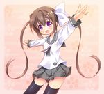  :d bangs black_legwear black_skirt blush bow brown_hair commentary_request eyebrows_visible_through_hair fang hair_between_eyes hair_bow long_hair long_sleeves looking_at_viewer miu_(c_blue) momochi_tamate open_mouth outstretched_arms pleated_skirt purple_eyes school_uniform serafuku shirt sidelocks skirt sleeves_past_wrists slow_start smile solo spread_arms thighhighs twintails very_long_hair white_bow white_shirt 
