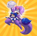  2018 anthro bow breasts cheerleader chest_tuft clitoris clothing eyelashes female fifi_la_fume fur hair hair_over_eye holding_object looking_at_viewer mammal midair multicolored_fur nipple_bulge one_eye_covered open_mouth open_smile pink_nose pom_poms purple_eyes purple_fur purple_hair pussy ribbons skirt skunk smile solo_focus teckworks teeth thick_thighs tiny_toon_adventures tuft under_boob warner_brothers white_fur 
