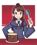  artist_name blush brown_hair cake eyebrows food highres icing jacy kagari_atsuko little_witch_academia long_hair long_sleeves looking_at_viewer outline parted_lips red_eyes smile solo teeth upper_body white_outline 