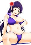 ;d bikini black_hair blue_bikini breasts flower green_eyes hair_flower hair_ornament large_breasts long_hair looking_at_viewer love_live! love_live!_school_idol_project navel one_eye_closed open_mouth sitting smile solo swimsuit thumbs_up tomatto_(@ma!) toujou_nozomi 