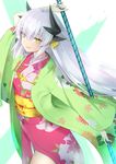  1girl absurdres alternate_costume blush eyebrows_visible_through_hair fate/grand_order fate_(series) floral_print grey_hair hair_between_eyes hair_ornament highres holding holding_spear holding_weapon japanese_clothes kimono kiyohime_(fate/grand_order) kiyohime_(swimsuit_lancer)_(fate) long_hair polearm print_kimono smile solo spear weapon yellow_eyes 