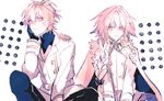  absurdres astolfo_(fate) between_legs black_pants black_shirt blush cape commentary_request fate/apocrypha fate_(series) formal fur_collar fur_trim gloves hand_between_legs hand_on_own_cheek highres indian_style kyo722 long_hair looking_at_viewer multiple_boys pale_color pants shirt sieg_(fate/apocrypha) simple_background sitting sketch suit white_background white_suit 