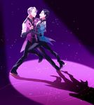  2boys arm_around_neck black_hair black_pants blue_eyes eye_contact grey_hair highres holding_hands ice_skates katsuki_yuuri looking_at_another male_focus multiple_boys pants shadow skates skating spotlight viktor_nikiforov yaoi yuri!!!_on_ice 