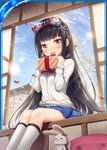  :d akkijin black_hair blue_ribbon blue_sky box bunny card_(medium) day floral_print flower gift gift_box hair_flower hair_ornament hair_ribbon indoors long_hair looking_at_viewer official_art open_mouth open_window orange_eyes print_ribbon ribbon school_uniform shinkai_no_valkyrie sitting sky smile socks solo stuffed_animal stuffed_bunny stuffed_toy window 