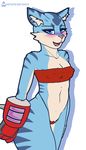  2018 anthro blue_eyes blue_hair blush breasts clothed clothing digital_media_(artwork) feline female fur hair hi_res looking_at_viewer mammal nipple_bulge open_mouth simple_background skylar_(skylar_and_plux) skylar_and_plux smile solo stripes thong tongue tube_top video_games weapon whisperfoot 