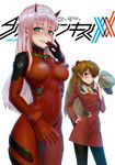  annoyed bangs black_legwear blue_eyes blush bodysuit bracer breasts breasts_apart buttons cameltoe carbon12th closed_mouth color_connection contrapposto copyright_name cosplay costume_switch covered_navel covered_nipples cowboy_shot darling_in_the_franxx double-breasted dress evangelion:_3.0_you_can_(not)_redo eyebrows_visible_through_hair eyepatch eyeshadow from_side gloves green_eyes grey_hat grin hairband hand_on_hip hand_to_own_mouth hand_up hat hat_removed headgear headwear_removed highres hips holding holding_hat horns impossible_bodysuit impossible_clothes legs_apart legs_together logo long_hair looking_at_viewer makeup medium_breasts military military_hat military_uniform multiple_girls necktie neon_genesis_evangelion nose_blush number one_eye_covered orange_hair orange_neckwear pantyhose parted_bangs parted_lips peaked_cap pilot_suit pink_hair pink_lips pleated_dress plugsuit rebuild_of_evangelion red_bodysuit red_dress shikinami_asuka_langley shikinami_asuka_langley_(cosplay) short_dress sidelocks sideways_glance simple_background skin_tight small_breasts smile souryuu_asuka_langley standing straight_hair sweatdrop tape turtleneck two_side_up uniform white_background white_hairband zero_two_(darling_in_the_franxx) zero_two_(darling_in_the_franxx)_(cosplay) 
