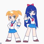  2girls :3 blue_hair brown_hair crossover long_hair middle_finger multiple_girls panty_&amp;_stocking_with_garterbelt pipimi poptepipic popuko school_uniform skirt twintails 