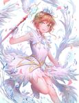  antenna_hair bangs bare_arms bare_legs bare_shoulders between_fingers blush brown_hair card cardcaptor_sakura clear_card dress eyebrows_visible_through_hair feathered_wings gloves green_eyes hair_intakes holding holding_card holding_wand kinomoto_sakura leg_up looking_at_viewer magical_girl md5_mismatch no_socks ozzingo petals shiny shiny_skin short_hair short_hair_with_long_locks sidelocks simple_background sleeveless sleeveless_dress solo standing standing_on_one_leg star tareme tiara wand water water_drop white_background white_dress white_gloves white_wings wings yume_no_tsue 