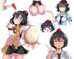  aya_(cookie) black_hair black_neckwear blush breasts chibi chibi_inset cleavage collarbone cookie_(touhou) egg enperuto_(yarumi) eyebrows_visible_through_hair hat highres holding_egg index_finger_raised kneehighs large_breasts looking_at_viewer looking_away multiple_girls necktie open_mouth parted_lips red_eyes red_hat shameimaru_aya short_hair smile tokin_hat touhou transparent_background white_eyes white_legwear yuwo_(cookie) 