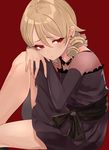  alternate_eye_color asyde bare_legs black_dress blonde_hair commentary detached_sleeves dress drill_hair earrings head_on_knees idolmaster idolmaster_cinderella_girls jewelry knee_up looking_away morikubo_nono red_background red_eyes sad simple_background sitting solo 