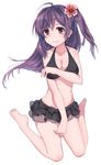  ahoge asaoka_(0x0) barefoot bikini bikini_skirt black_bikini black_vest breasts flower frilled_skirt frills full_body hagikaze_(kantai_collection) hair_flower hair_ornament kantai_collection kneeling long_hair looking_at_viewer medium_breasts one_side_up purple_hair red_eyes sitting skirt solo swimsuit vest wariza 