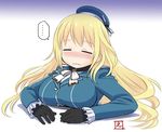  1girl atago_(kantai_collection) black_gloves blonde_hair blue_hat blush bow bowtie breasts closed_eyes closed_mouth ebifly eyebrows_visible_through_hair fur_trim gloves hat inconvenient_breasts kantai_collection large_breasts long_hair long_sleeves signature solo speech_bubble spoken_ellipsis stuck upper_body white_neckwear 