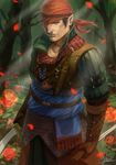  artist_name blue_eyes brown_hair dagger dated flower gloves hat highres iorveth jeekyl_sur male_focus one_eye_covered petals pointy_ears rose solo sword tattoo the_witcher the_witcher_2 tree weapon 