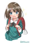  backpack bag blue_eyes brown_hair ebifurya eyebrows_visible_through_hair hair_ornament highres kantai_collection maya_(kantai_collection) open_mouth randoseru short_hair simple_background solo sparkle twitter_username upper_body white_background x_hair_ornament younger 