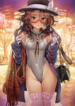  bag bare_shoulders black_hat bow breasts brown_eyes brown_hair chain city coat commentary_request contrapposto cowboy_shot curly_hair eyebrows glasses gloves grey_coat grey_swimsuit groin handbag hands_up hat hat_bow highleg highleg_swimsuit highres light_smile lips long_hair long_sleeves looking_at_viewer matsuda_(matsukichi) medium_breasts one-piece_swimsuit open_clothes open_coat parted_lips pavement pink_legwear quimbaya_airplane red-framed_eyewear red_scarf scarf semi-rimless_eyewear sidelocks solo standing swimsuit swimsuit_under_clothes thigh_gap thighhighs top_hat touhou tree under-rim_eyewear usami_sumireko white_bow white_gloves 