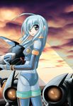 1girl ahoge arm_gloves biker biker_clothes blue_eyes blue_hair blush bodysuit breasts capcom cloud eyebrows_visible_through_hair eyes_visible_through_hair fingerless_gloves hair_over_one_eye helmet helmet_removed holding holding_helmet leviathan_(rockman) long_hair looking_at_viewer looking_back motor_vehicle motorcycle open_mouth rockman rockman_zero sidelocks solo solo_focus standing sunset 